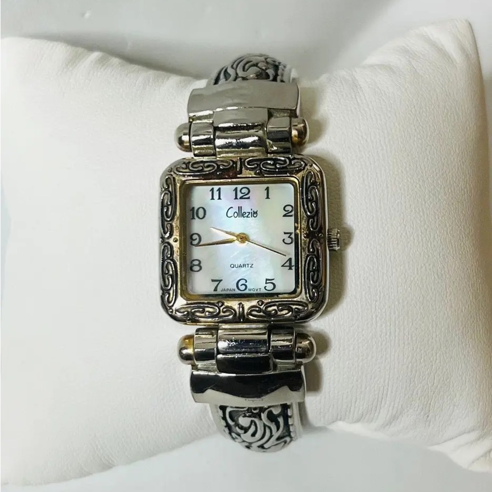 Collezio Abalone Women Vintage Cuff Watch Silver With Gold Detailing Square Face